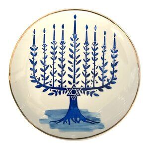 Ceramic Hanukkah Menorah Plate – 6.25"  Judaica Dish – Blue & White Festival of